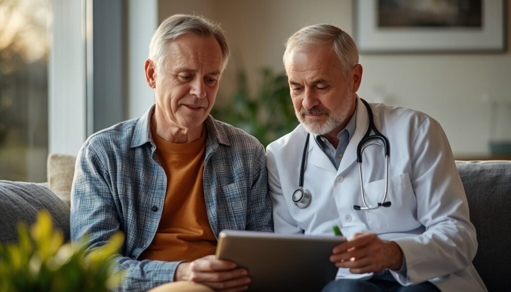 man in his 50s with dietitian looking at whole food meal plan notebook