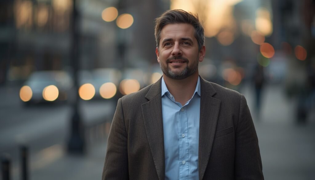 man walking outdoors in evening after work looking relaxed, stress relief