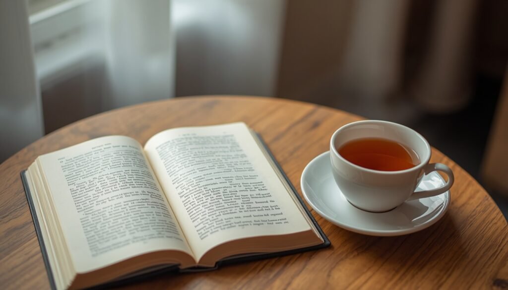  book and tea representing slow, focused attention as alternative to phone scrolling
