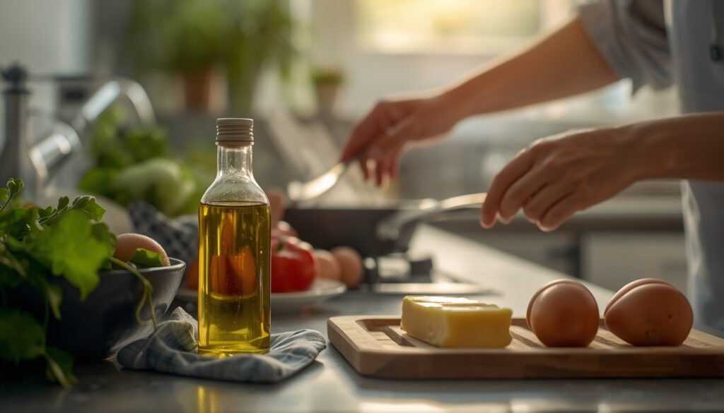 person cooking balanced meal at home with olive oil butter and fresh vegetables