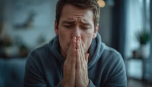 person holding cold hands together indoors, blowing warm breath poor circulation symptoms