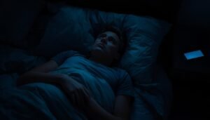 person lying awake at night overthinking, unable to sleep, with nighttime rumination mental restlessness