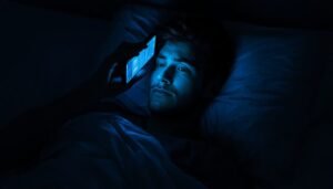 person lying in bed at night unable to stop scrolling on smartphone digital addiction