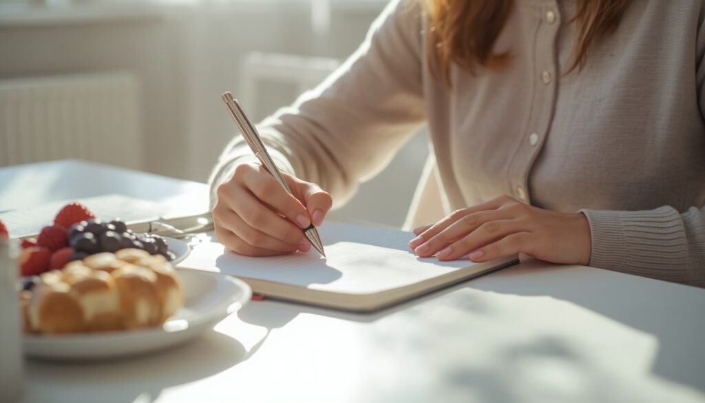 person writing 30-day whole food plan in journal at bright desk with healthy breakfast longevity paradox diet