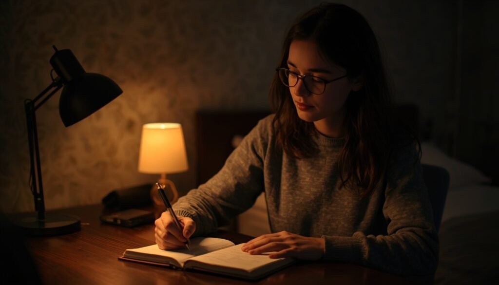 person writing in worry journal beforebed is ad cognitive technique to reduce nighttime overthinking