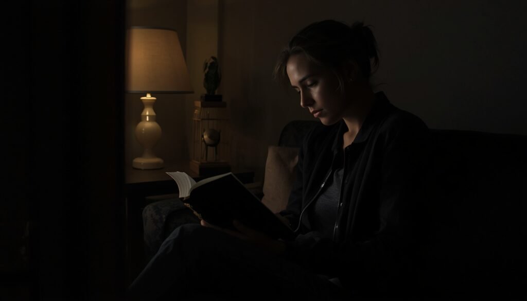 person in calm evening wind-down routine with dim lighting healthy pre-sleep mental closure habits