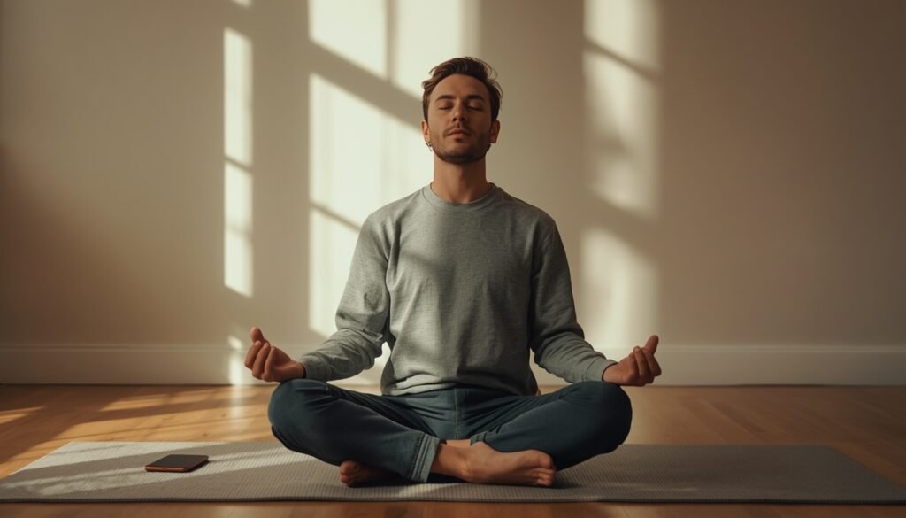  person meditating without a phone, representing digital detox and reclaimed brainfocus from thes dopamine trap scrolling
