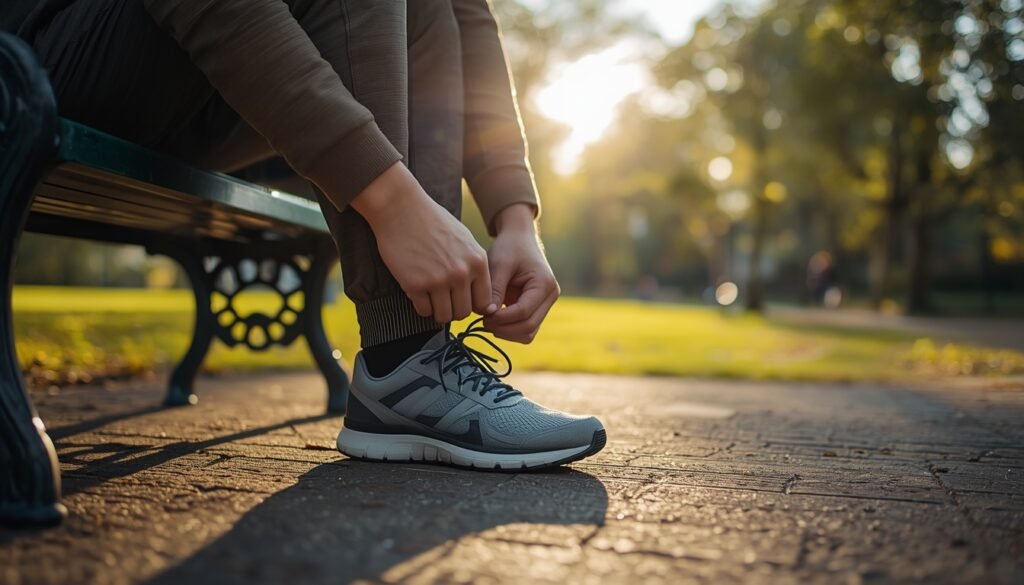 person tying shoelaces before heading out fora daily walkk inthek morning light benefits of walking