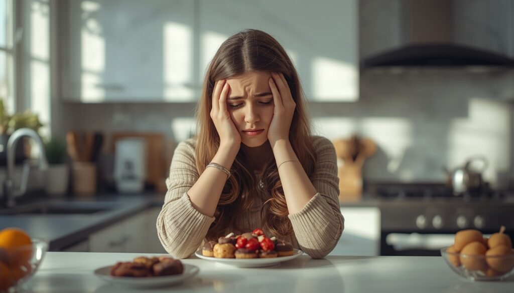 person experiencing sugar cravings standing at kitchen counter sweet food desire biology