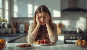 person experiencing sugar cravings standing at kitchen counter sweet food desire biology