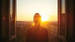 person breathing deeply at sunrise window morning brain rewiring habits for energy focus and calm