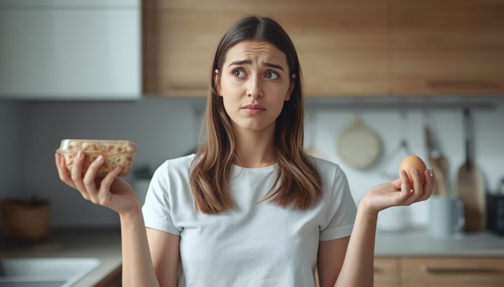 A person holding low-fat food box and fresh eggs in the kitchen is confused about diet advice, the longevity paradox diet