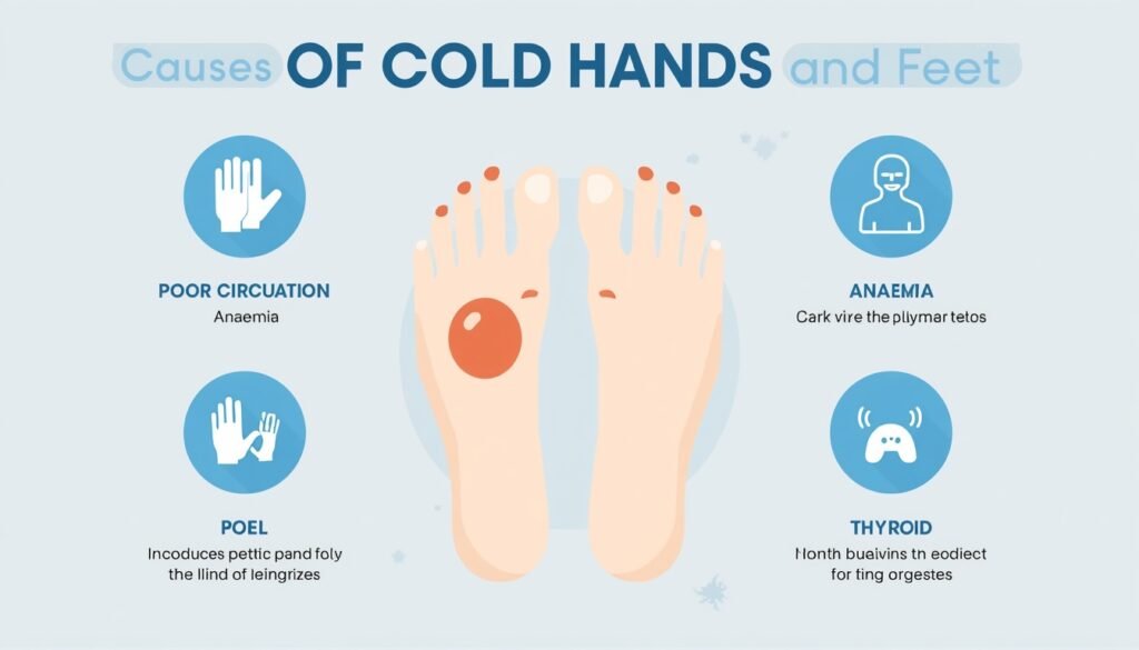 infographic showing causes of cold hands and feet: poor circulation, anaemia and thyroid