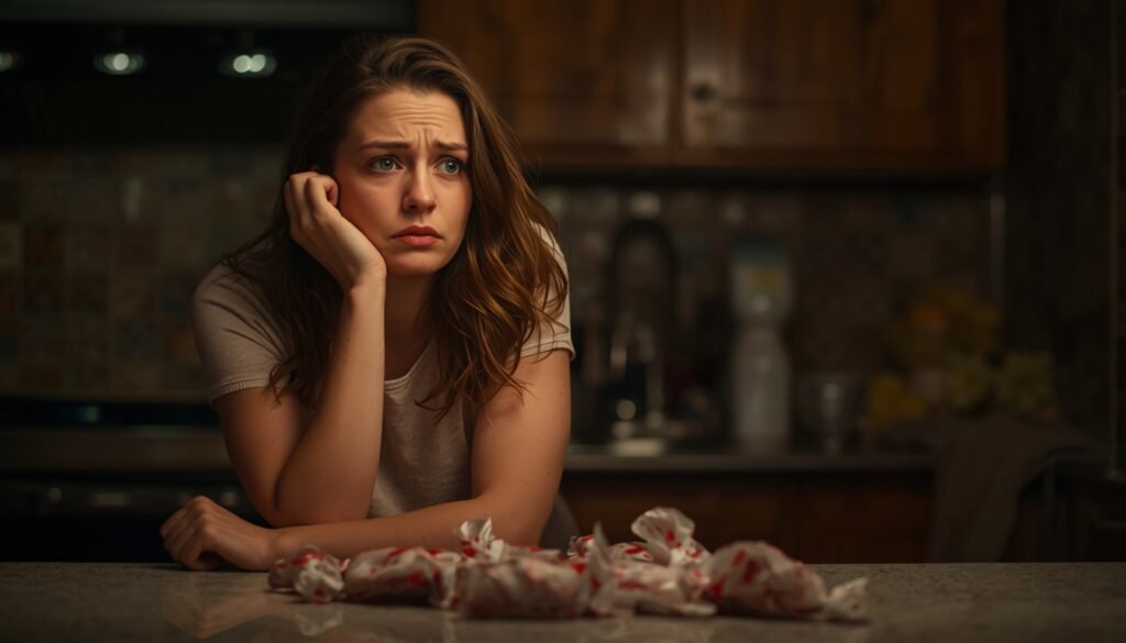 woman experiencing post-craving frustration at night's sugar craving cycle and overindulgence