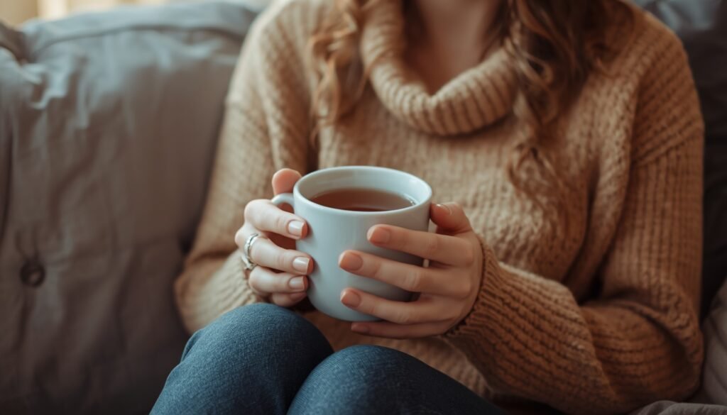 woman warming cold hands with mug of tea at home