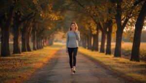 woman walking on peaceful tree-lined path at sunrise golden morning light calm expression