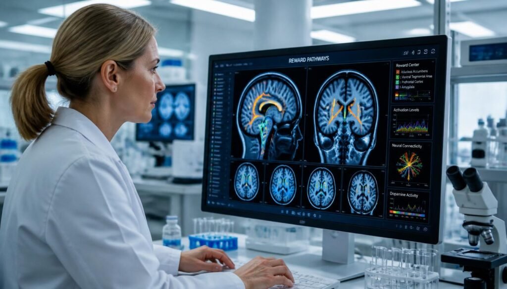 neuroscientist looking at brain scan showing reward pathways in trauma bonding and intermittent reinforcement