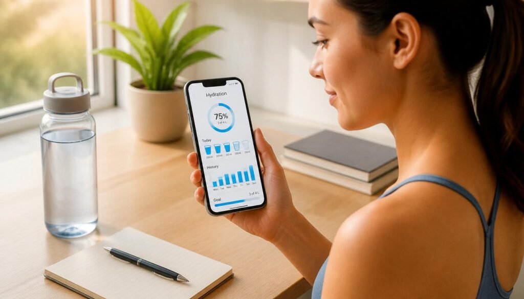 person holding smartphone with hydration trackingapp and ap water bottle ona desk.k