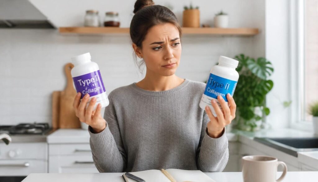 person holding Type I and Type II collagen bottles, comparing which one for skin and which for joints