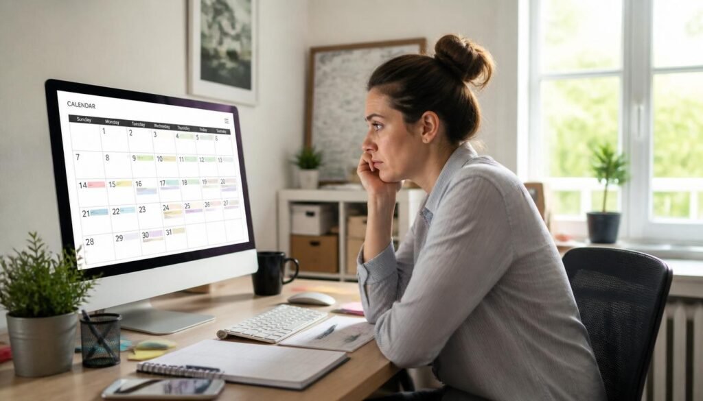 A person looking at a calendar with many appointments and a tired expression, recognising burnout from people-pleasing.