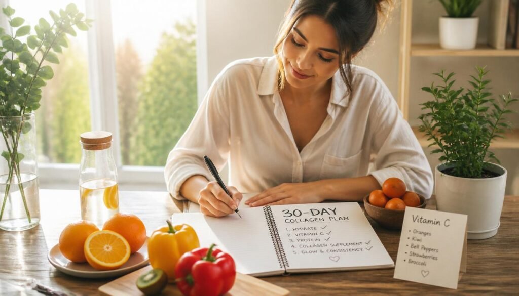 person writing 30-day collagen plan in journal with vitamin C-rich foods on the table in morning light. Collagen benefits