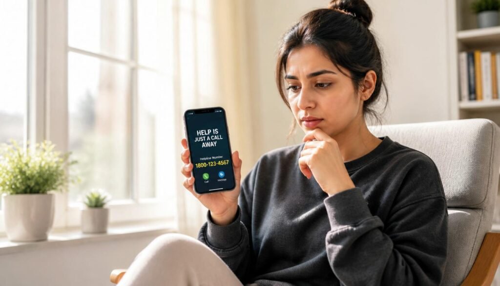 person holding phone with helpline number worried but taking action for anxiety help