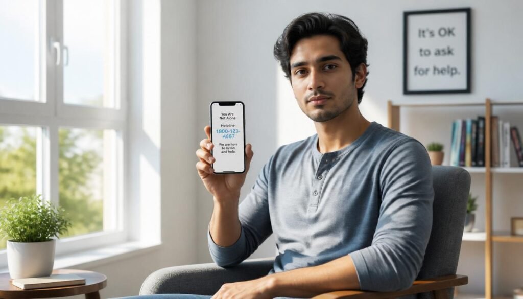 person holding phone with helpline number, serious, hopeful expression seeking help for toxic relationship