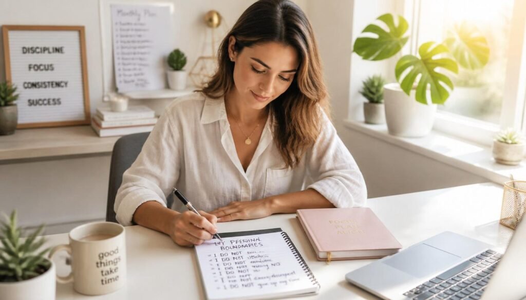 person writing personal boundaries list in notebook at bright desk morning light 30 day plan
