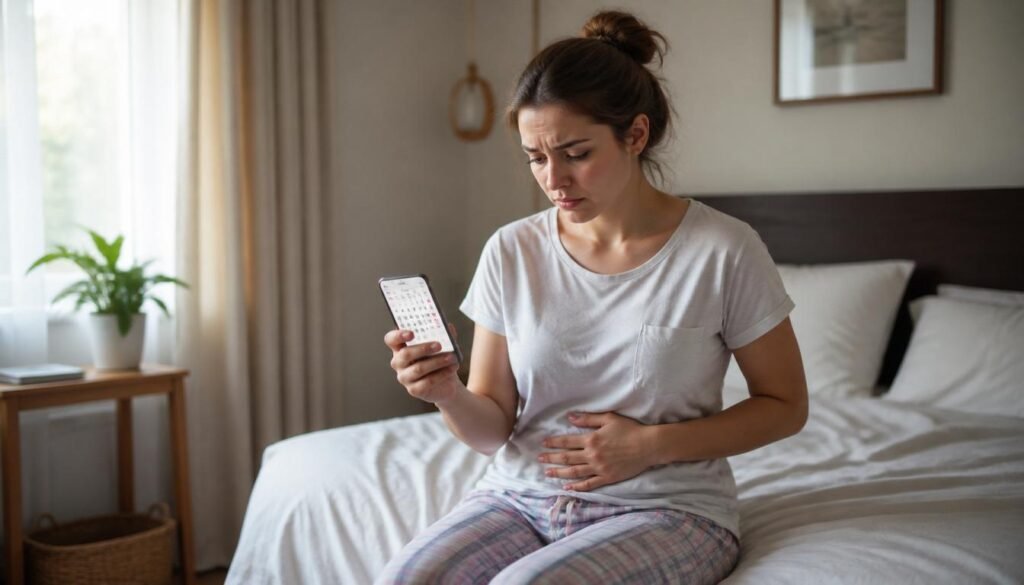 Story: A woman sitting on edge of bed in morning looking at phone calendar, tired expression, cycle irregularity, and concern.