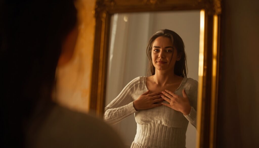 A person standing near a mirror, hands on heart, in morning light – a moment of self-worth realization for boundaries