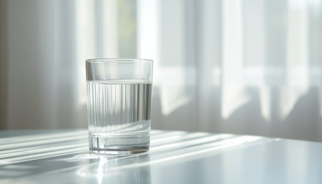 clear glass of water withsunlight is a symbol oft mental clarity andhydration. Dehydrationn and brain fog