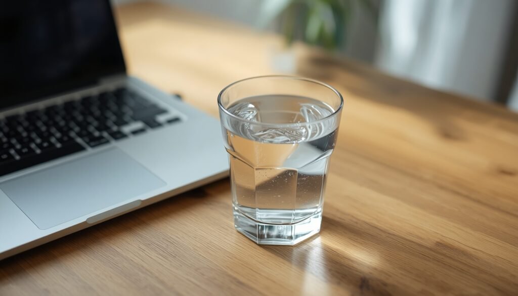 glass of water on desk next tothe laptop: thep hydration and focus concept
dehydration and brain fog
