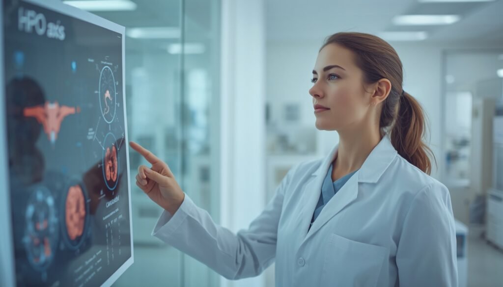 Research female scientist in lab coat pointing at hormonal charts, HPO axis research, women, and intermittent fasting