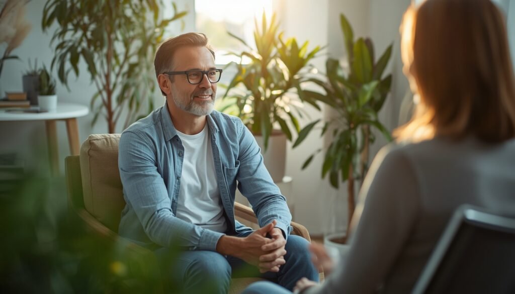 man in his 40s in therapy with calm therapist learning CBT for decades of anxiety disorder