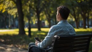 man sitting on park bench looking at trees phone kept aside choosing connection over isolation