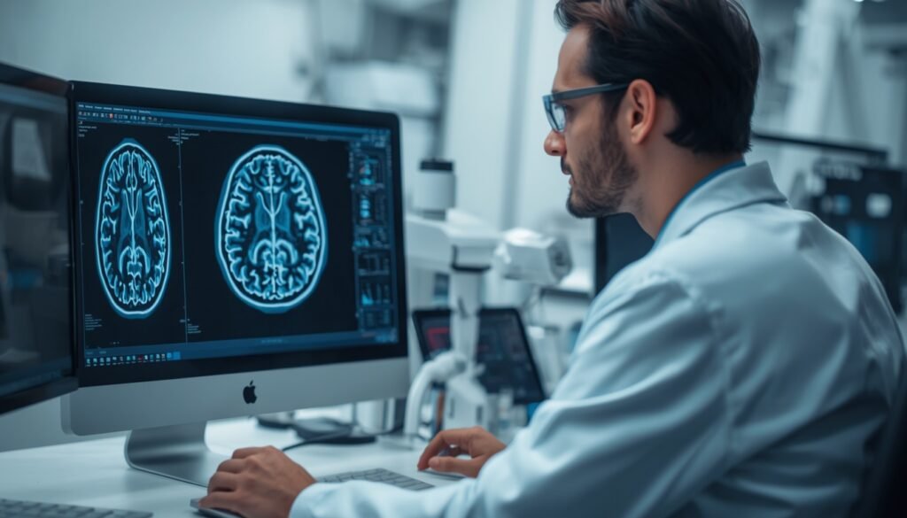 medical researcher looking at brain scan hydration and cognitive performance research