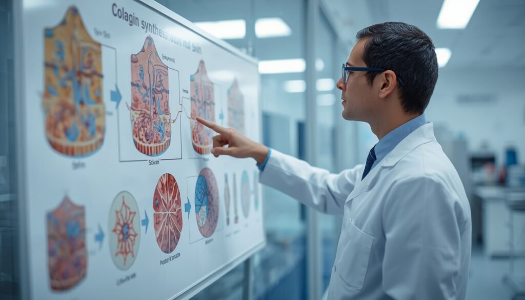 medical researcher pointing at collagen synthesis and degradation research chart ina laboratory.y