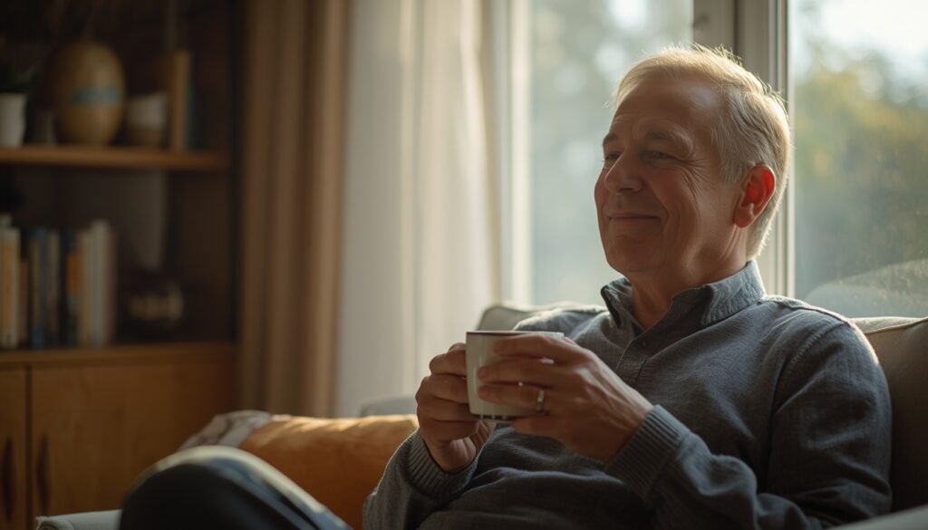 middle-aged person sitting by bright window holding tea peaceful hopeful expression 25 years with anxiety