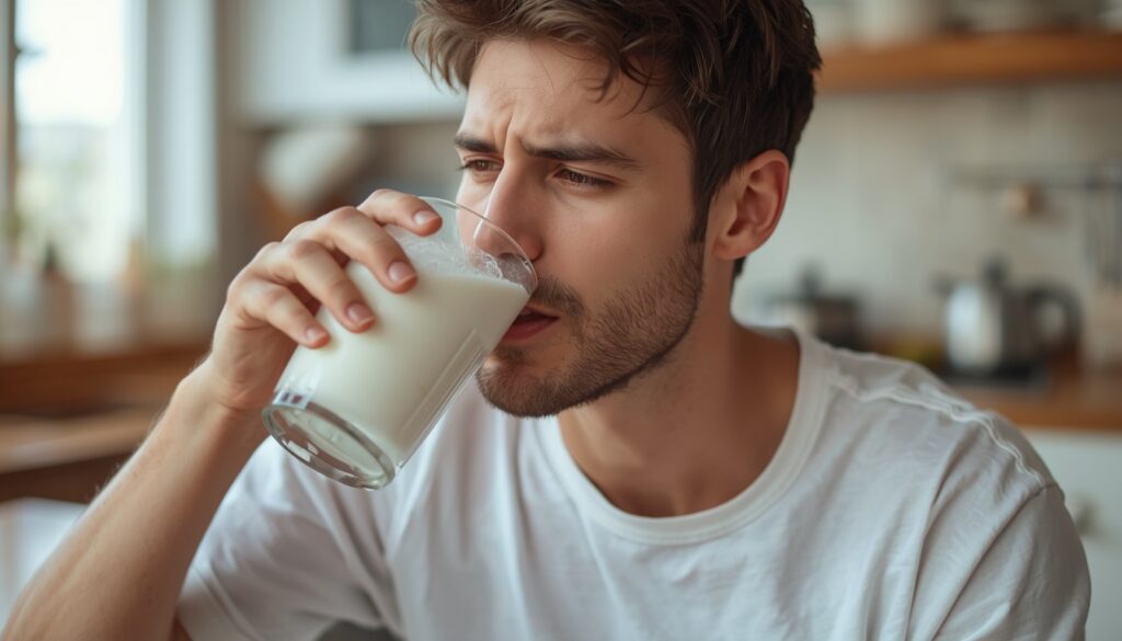 person drinking glass of cold milk after spicy food, relieved expression milk binds capsaicin