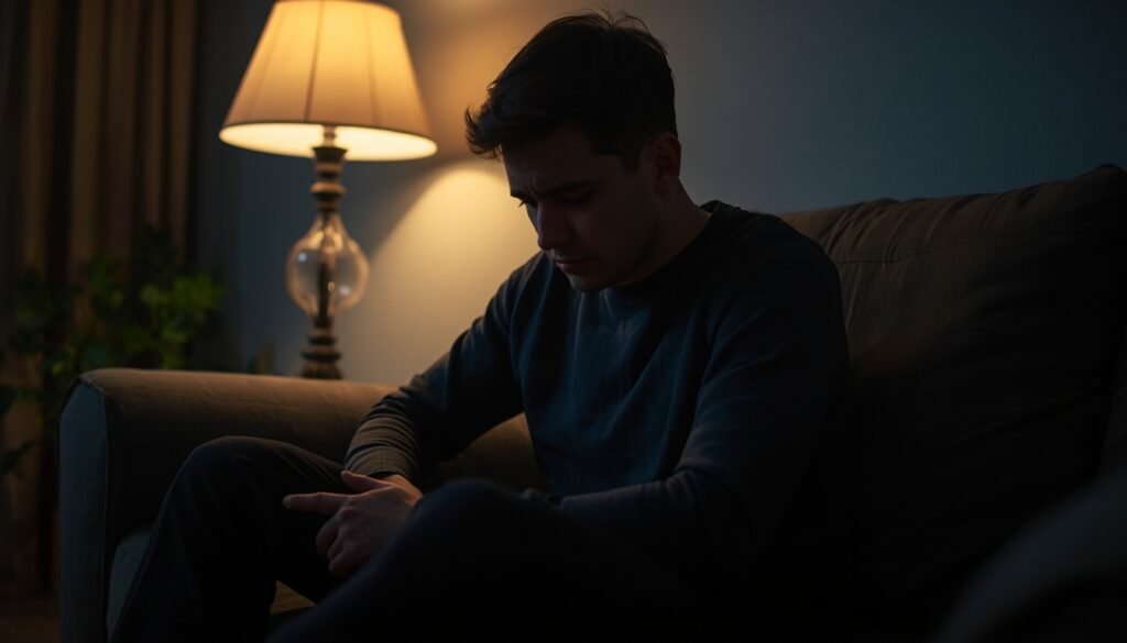 person sitting alone on sofa in dim room tired reflective expression, living with anxiety for 25 years