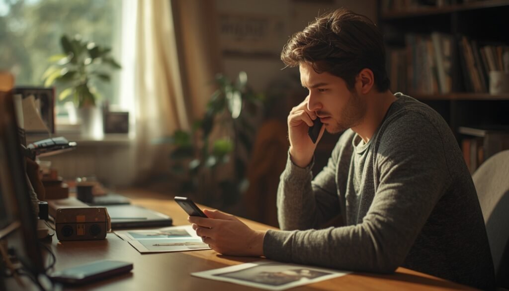 person looking at old photographs with distant expression recognizing trauma bonding pattern