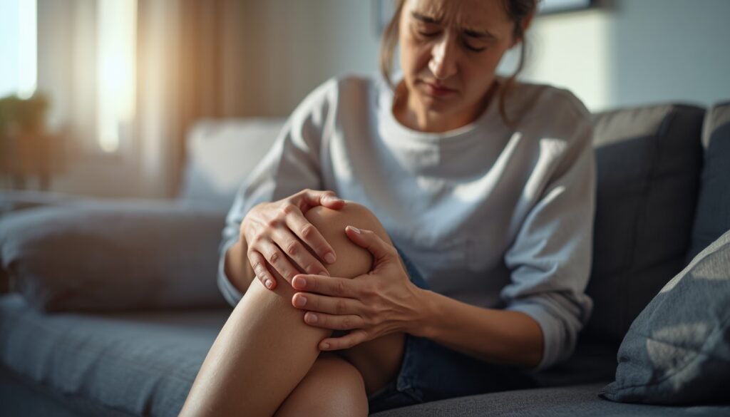 person holding knee with concerned expression, joint stiffness, collagen decline withageing,g collagen benefits