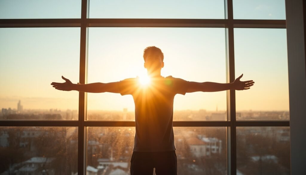 person standing near window with sunrise calm, accepting expression changing relationship with anxiety