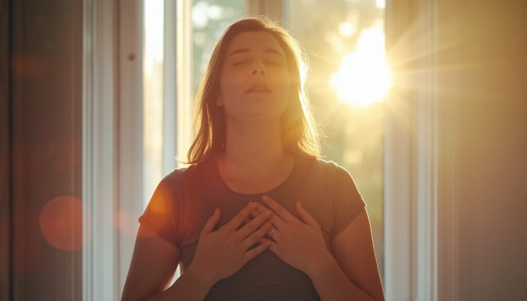 A person standing near a window, hands on heart, closed eyes – a moment of self-compassion in trauma recovery