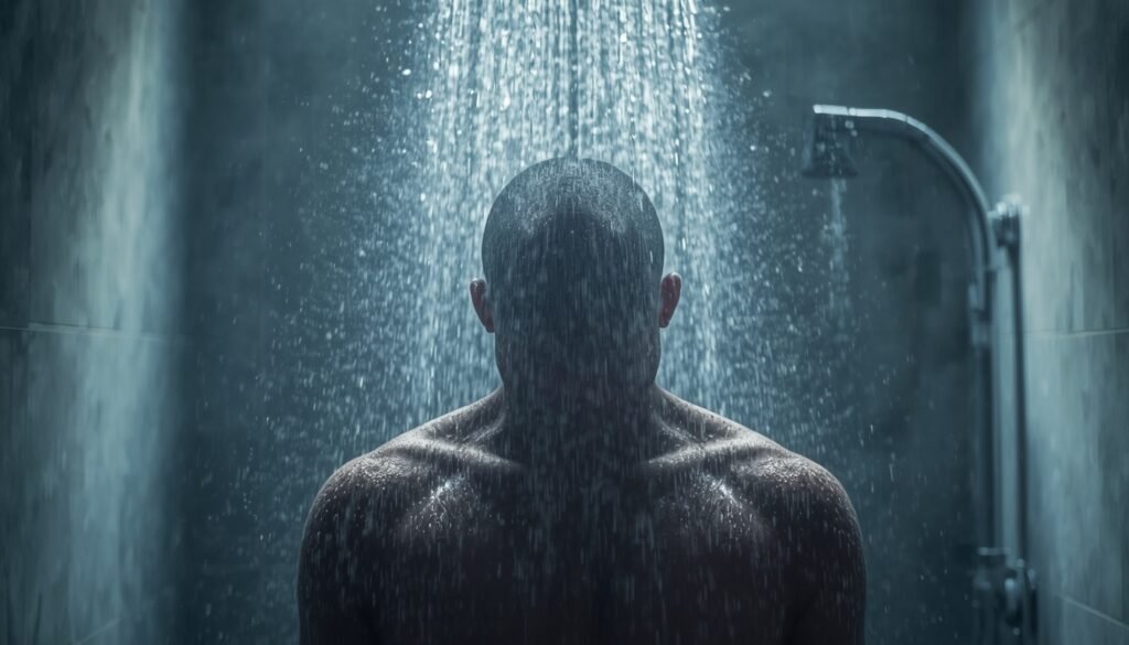 person standing under cold shower water on shoulders, deep breathing. steam rising cold exposure therapy