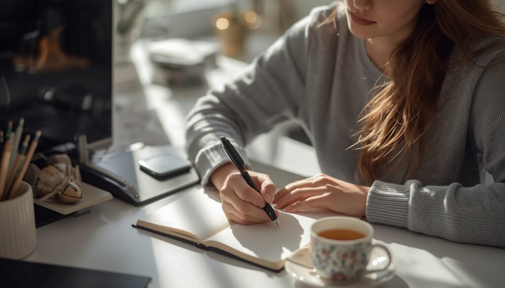 person writing anxiety recovery goals in journal at bright desk morning light. 30-day plan