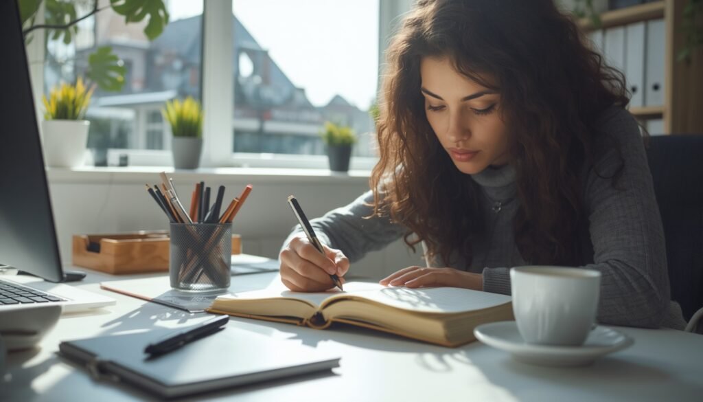 A person writing trauma recovery goals in a journal at a bright desk in the morning light. 30-day plan