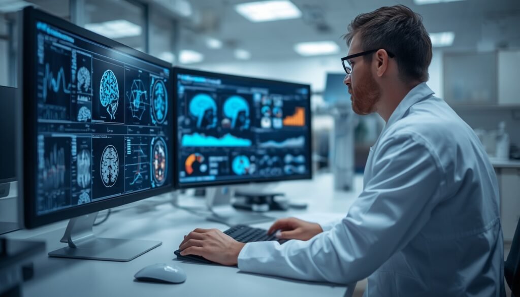 psychologist looking at anxiety statistics and brain scans research on anxiety disorder and CBT recovery