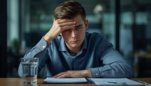 tired person rubbing eyes at desk with glass of water nearby brain fog from dehydration