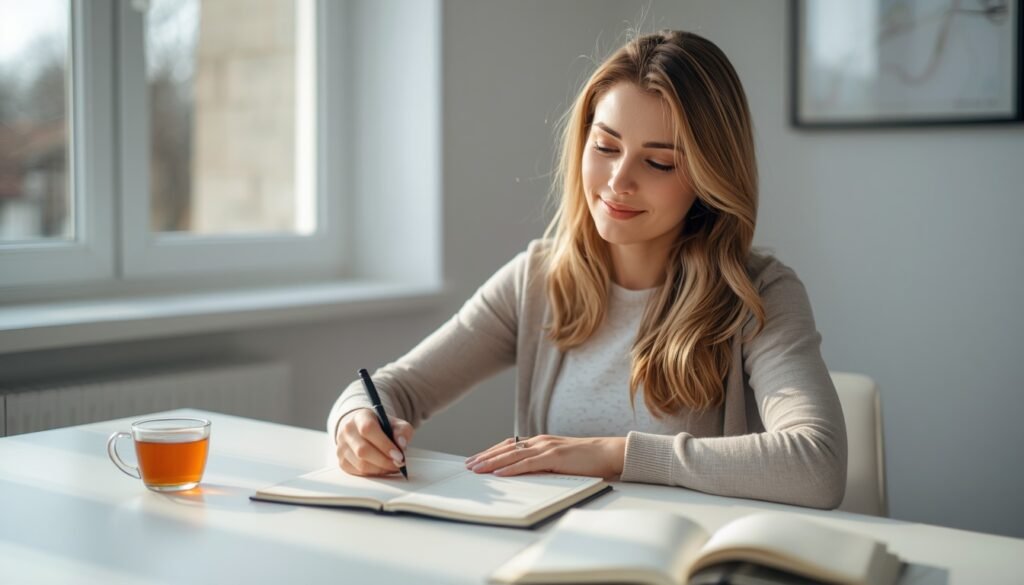 30-Day Plan: Woman sitting at bright desk writing in journal tracking cycle and sleep quality, morning light. 30-day IF plan